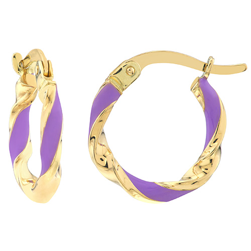 14k Yellow Gold Lilac Enamel Twist Huggie Hoop Earrings