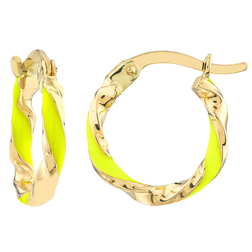 14k Yellow Gold Yellow Enamel Twist Huggie Hoop Earrings