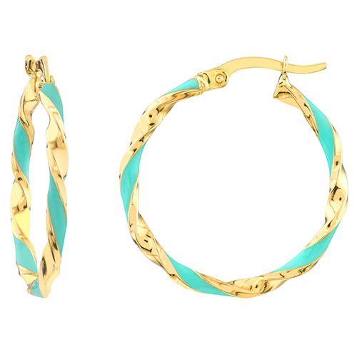14k Yellow Gold Turquoise Enamel Twist Hoop Earrings 3/4in