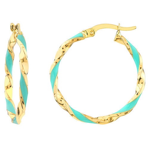14k Yellow Gold Turquoise Enamel Twist Hoop Earrings 3/4in