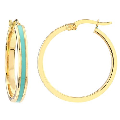 14k Yellow Gold Turquoise Enamel Hoop Earrings 3/4in
