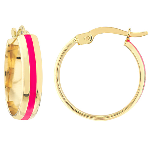 14k Yellow Gold Pink Enamel Hoop Earrings 5/8in