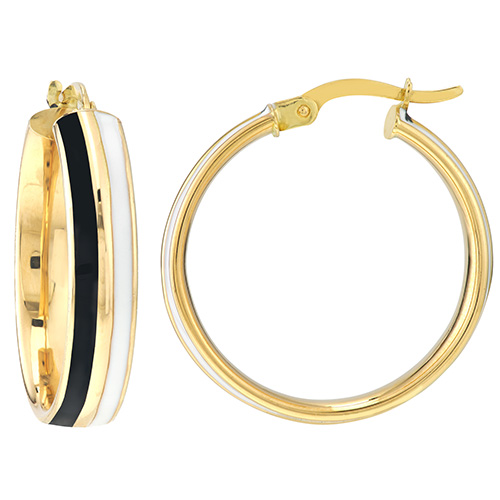 14k Yellow Gold Black and White Enamel Hoop Earrings 3/4in