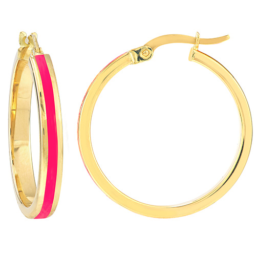 14k Yellow Gold Pink Enamel Hoop Earrings 3/4in