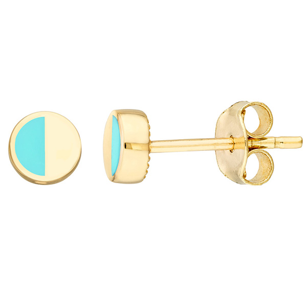 14k Yellow Gold 50/50 Turquoise Enamel Round Stud Earrings