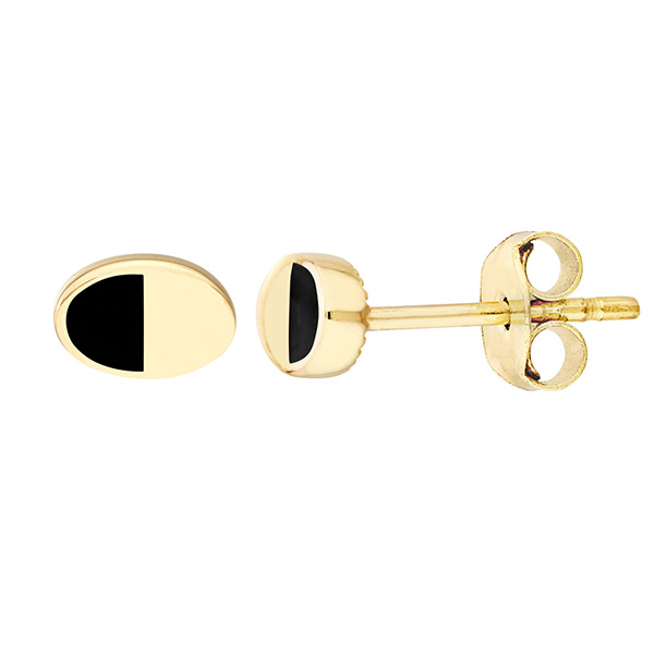 14k Yellow Gold Oval Black Enamel Button Earrings