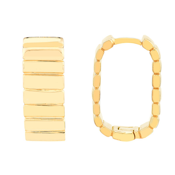 14k Yellow Gold Ribbed Long Hoop Earrings 1/2in