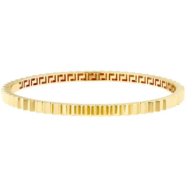 14k Yellow Gold Fluted Bangle Bracelet With Greek Key Design 7.75in