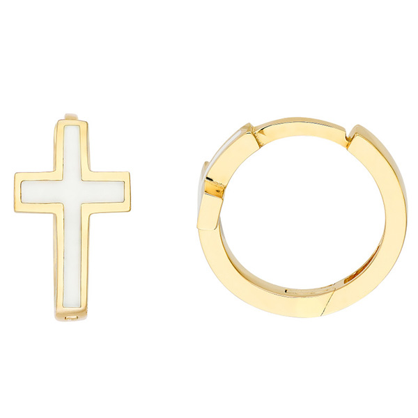 14k Yellow Gold White Enamel Cross Hoop Earrings