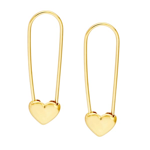 14k Yellow Gold Safety Pin Heart Earrings