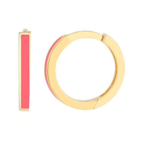 14k Yellow Gold Neion Pink Enamel Huggie Hoop Earrings