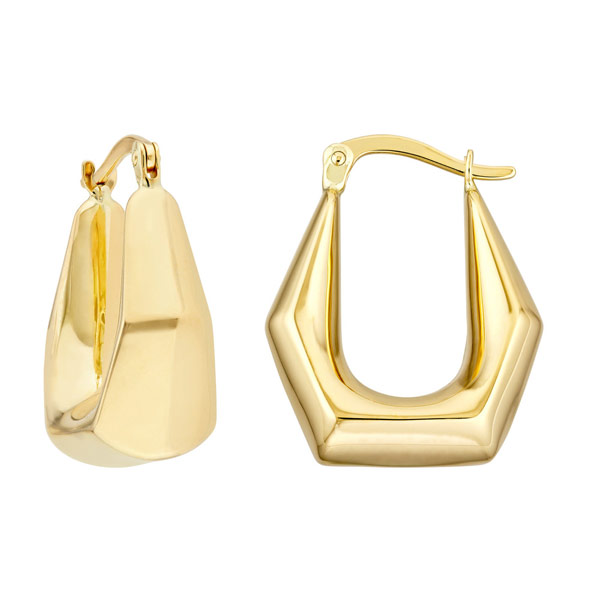14k Yellow Gold Puff Pentagon Oval Hoop Earrings