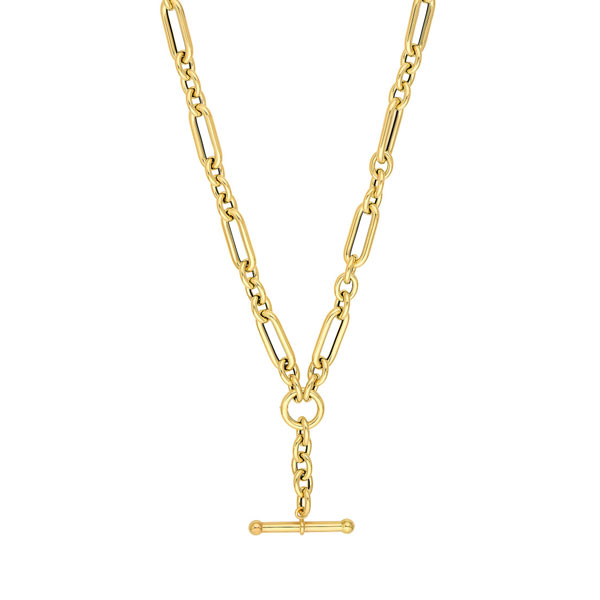 14k Yellow Gold  T Bar Necklace with Paper Clip and Round Cable Links