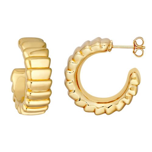 14k Yellow Gold Puff Fluted Open Hoop Earrings 1in