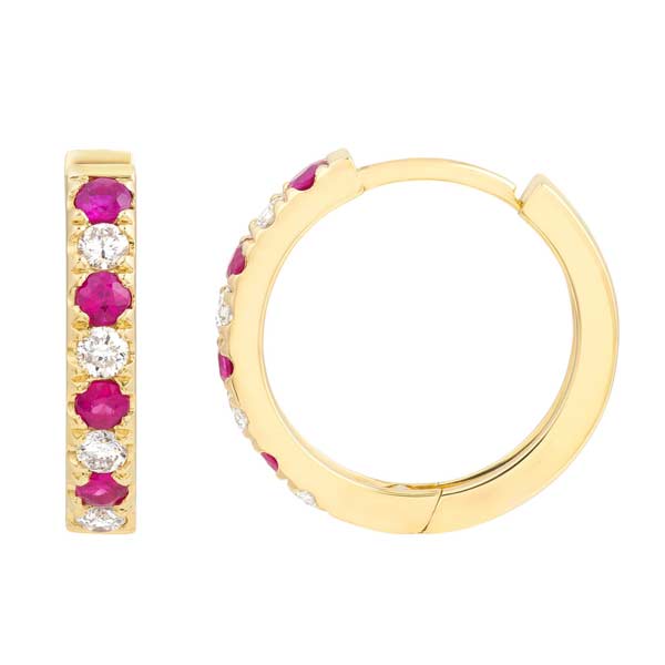 14k Yellow Gold .66 ct tw Diamond and Ruby Huggie Hoop Earrings