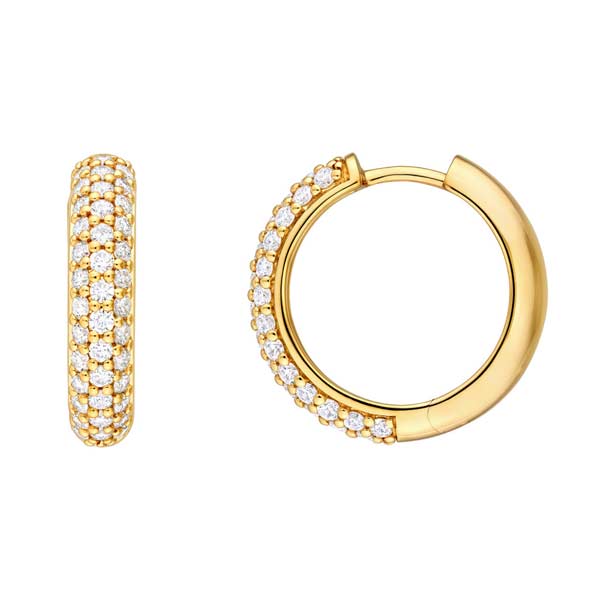 14k Yellow Gold .75 ct tw 3 Row Diamond Pave Huggie Hoop Earrings