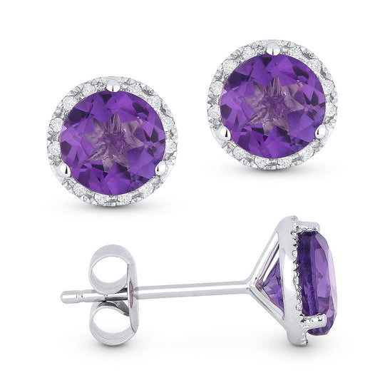 14k White Gold 1.58 ct tw Amethyst and Diamond Halo Stud Earrings AA Quality