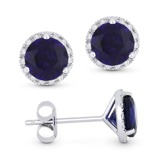 14k White Gold 1.62 ct tw Created Blue Sapphire and Diamond Halo Stud Earrings AA Quality
