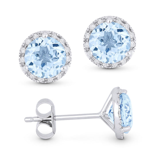 14k White Gold 1.62 ct tw Blue Topaz and Diamond Halo Stud Earrings AA Quality