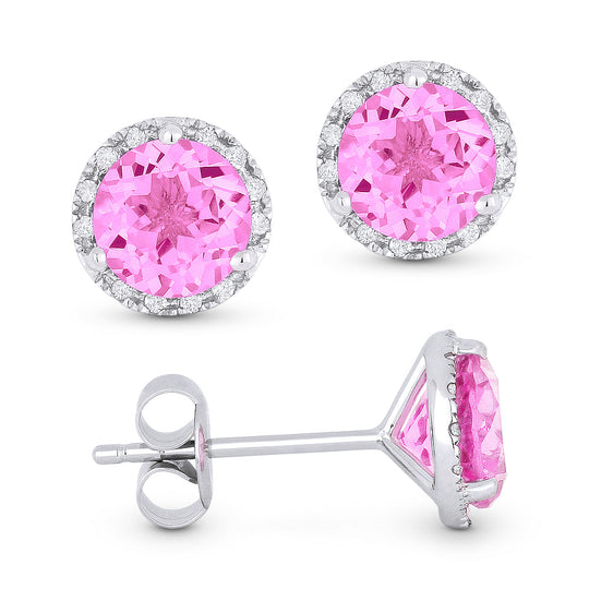14k White Gold 2.4 ct tw Created Pink Sapphire and Diamond Halo Stud Earrings AA Quality