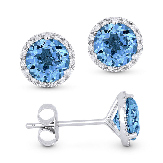 14k White Gold 2.0 ct tw Swiss Blue Topaz and Diamond Halo Stud Earrings AA Quality
