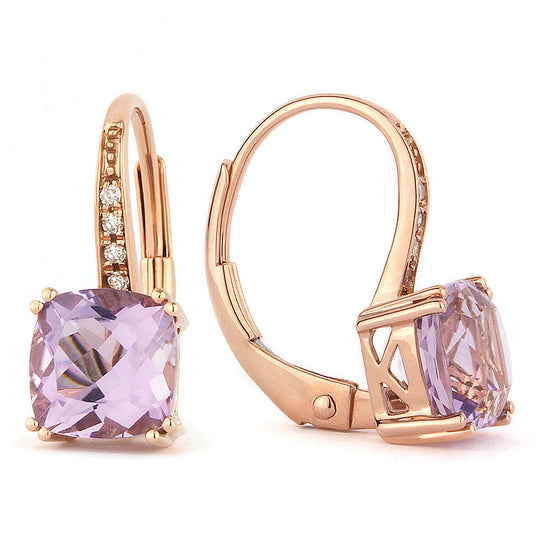 14k Rose Gold 1.6 ct tw Pink Amethyst and Diamond Leverback Earrings AA Quality