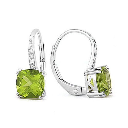 14k White Gold 2.2 ct tw Cushion Cut Peridot and Diamond Leverback Earrings AA Quality
