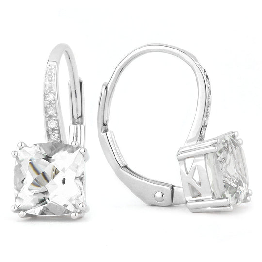 14k White Gold 2.5 ct tw Cushion Cut White Topaz and Diamond Leverback Earrings AA Quality