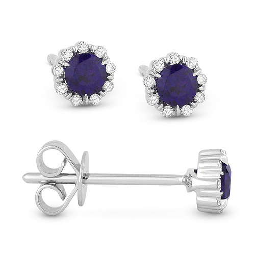 14k White Gold 0.30 ct tw Created Blue Sapphire and Diamond Halo Stud Earrings AA Quality