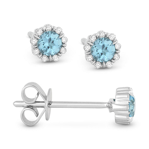 14k White Gold 0.22 ct tw Blue Topaz and Diamond Halo Stud Earrings AA Quality
