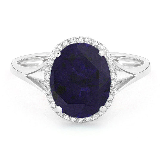 14k White Gold Oval Created Blue Sapphire and Diamond Halo Ring