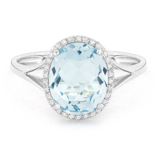 14k White Gold Oval Blue Topaz and Diamond Halo Ring