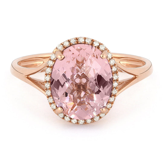 14k Rose Gold Oval Morganite and Diamond Halo Ring