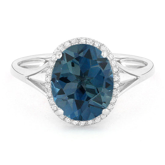 14k White Gold Oval London Blue Topaz and Diamond Halo Ring