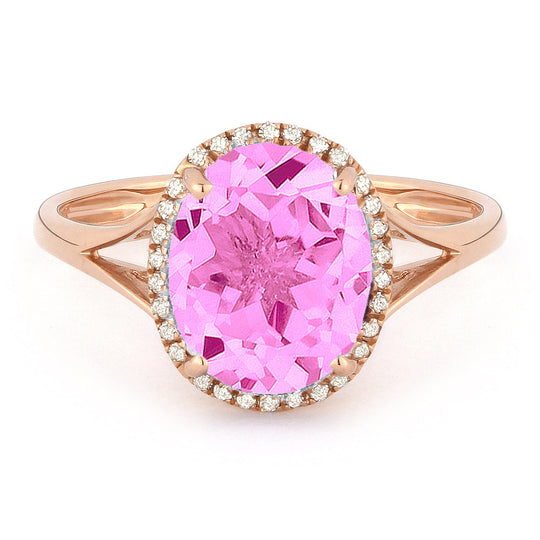 14k Rose Gold Oval Created Pink Sapphire and Diamond Halo Ring