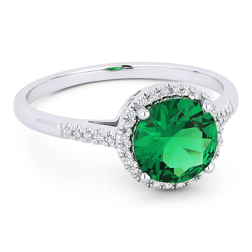 14k White Gold Created Emerald and Diamond Halo Ring