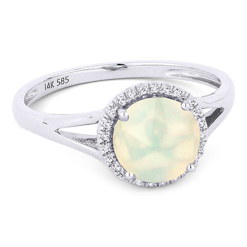 14k White Gold Ethiopian Opal and Diamond Classic Halo Ring