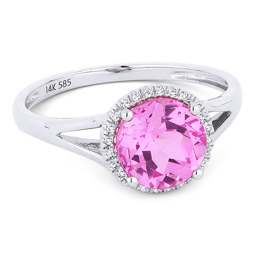 14k White Gold Round Created Pink Sapphire and Diamond Classic Halo Ring