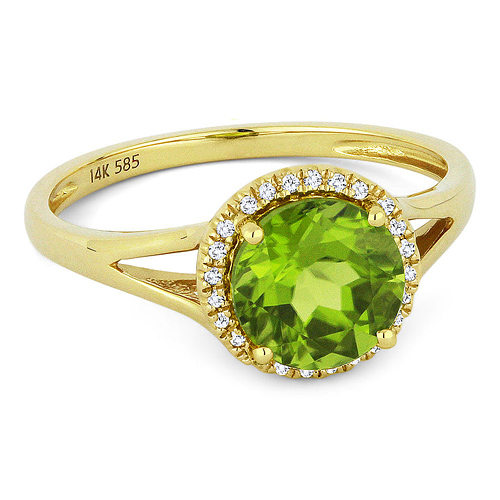 14k Yellow Gold Round Peridot and Diamond Classic Halo Ring