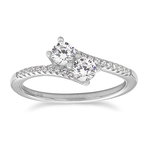 Sterling Silver CZ Two-Stone Ring with Accents