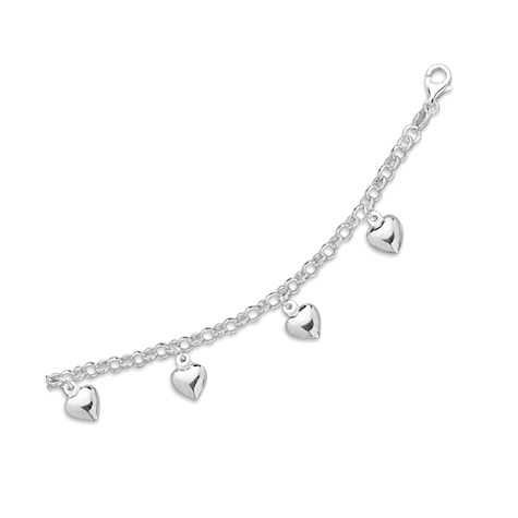 Sterling Silver 7 1/2in Rolo Heart Charm Bracelet