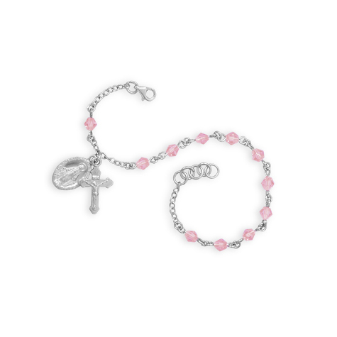 Sterling Silver 7in Pink Crystal Rosary Bracelet