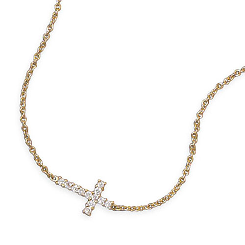 14kt Gold Plated Sterling Silver 1/2in Sideways Cross on 16in Necklace
