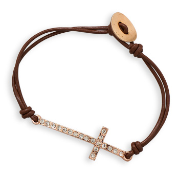 Brown Leather 7in Sideways Crystal Cross Bracelet