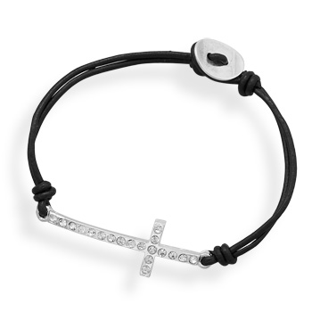 Black Leather 7in Sideways Crystal Cross Bracelet