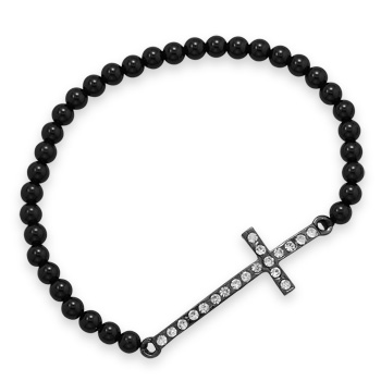 Black Onyx 7in Sideways Crystal Cross Bracelet