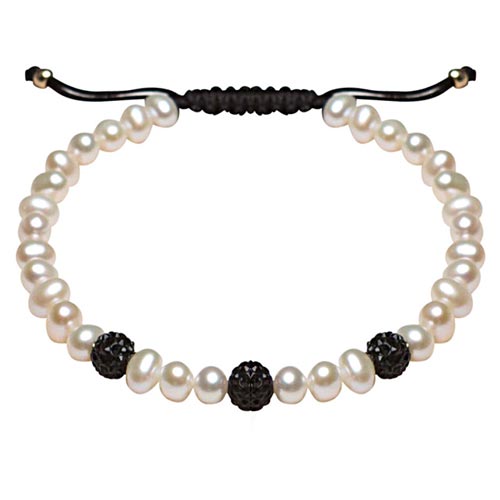 Sterling Silver Cultured Freshwater Pearl and Black Bead Bracelet