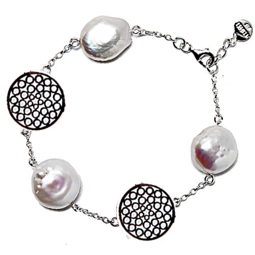 Sterling Silver Coin and Baroque Cultured Freshwater Pearl Bracelet