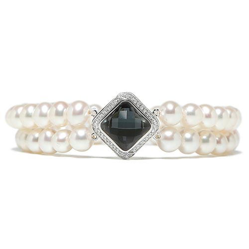 Sterling Silver Cultured Freshwater Pearl Black Topaz Halo Bracelet