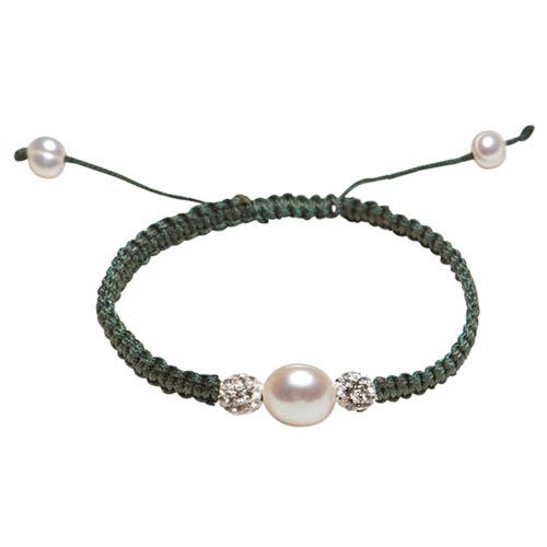 Cultured Freshwater Pearl Green Thread Coil Bracelet Crystal Beads